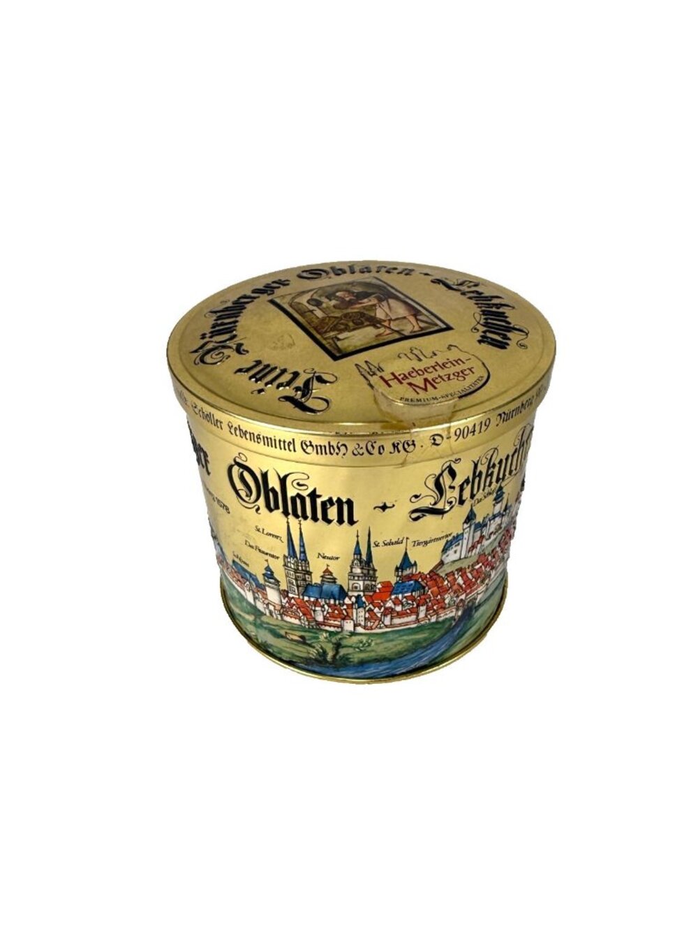 Haeberlein Metzger Numberger Oblaten Lebkuchen Empty Gold Tin 4.5"RD x 4"H